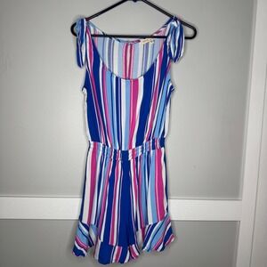 Bebop Romper Women Small Blue Pink Striped Tie Shoulder Elastic Waist ZR33-8471